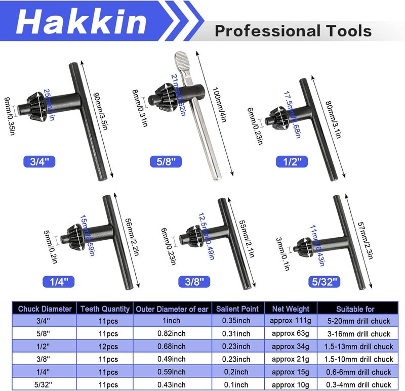 Hakkin Drill Chuck Key 6 Sizes Drill Chuck Key Wrench, 3/4" 5/8" 1/2" 3/8" 1/4" 5/32" Carbon Steel Heavy Duty Replacement Drill Press Chuck Key, Electric Drill Clamping Tool - Image 2